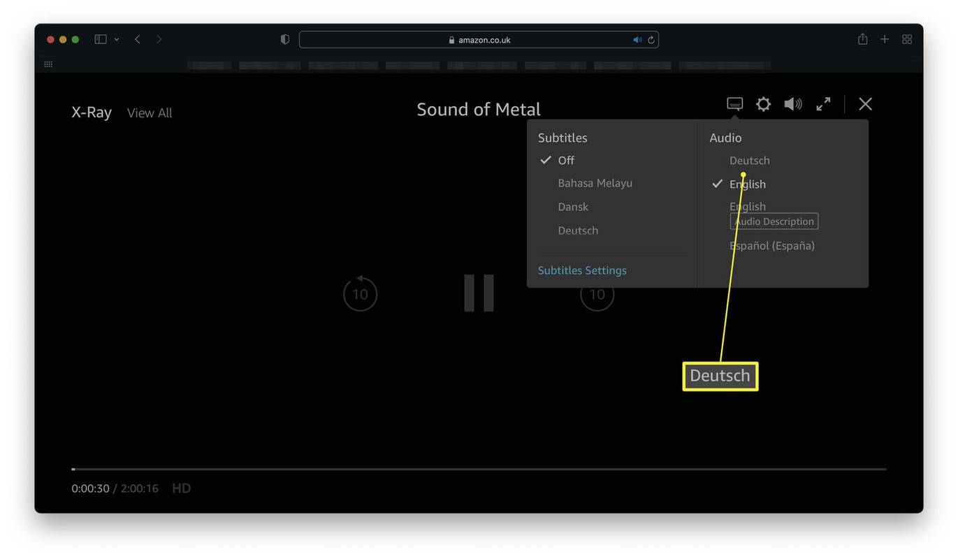 Web Amazon Prime Video se zvýrazněnými možnostmi přehrávání filmu a zvuku
