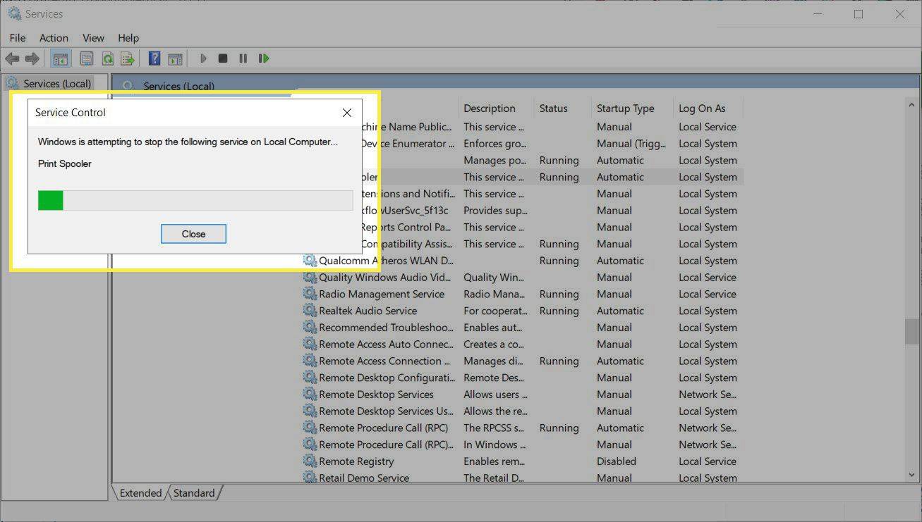 Print Spooler Service u sustavu Windows 10 s istaknutom porukom o zaustavljanju Service Control
