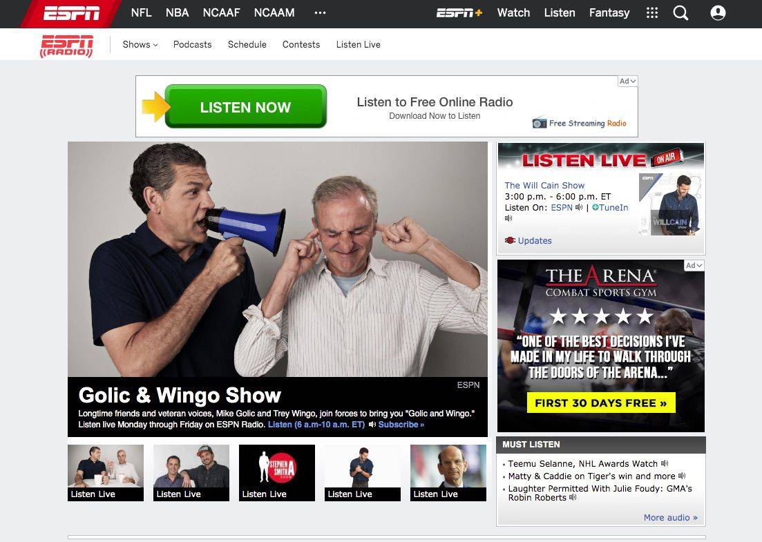 Zrzut ekranu radia ESPN, w którym możesz słuchać aktualizacji Super Bowl
