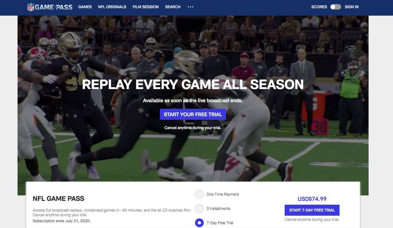 Zrzut ekranu NFL GamePass, w którym możesz słuchać Super Bowl