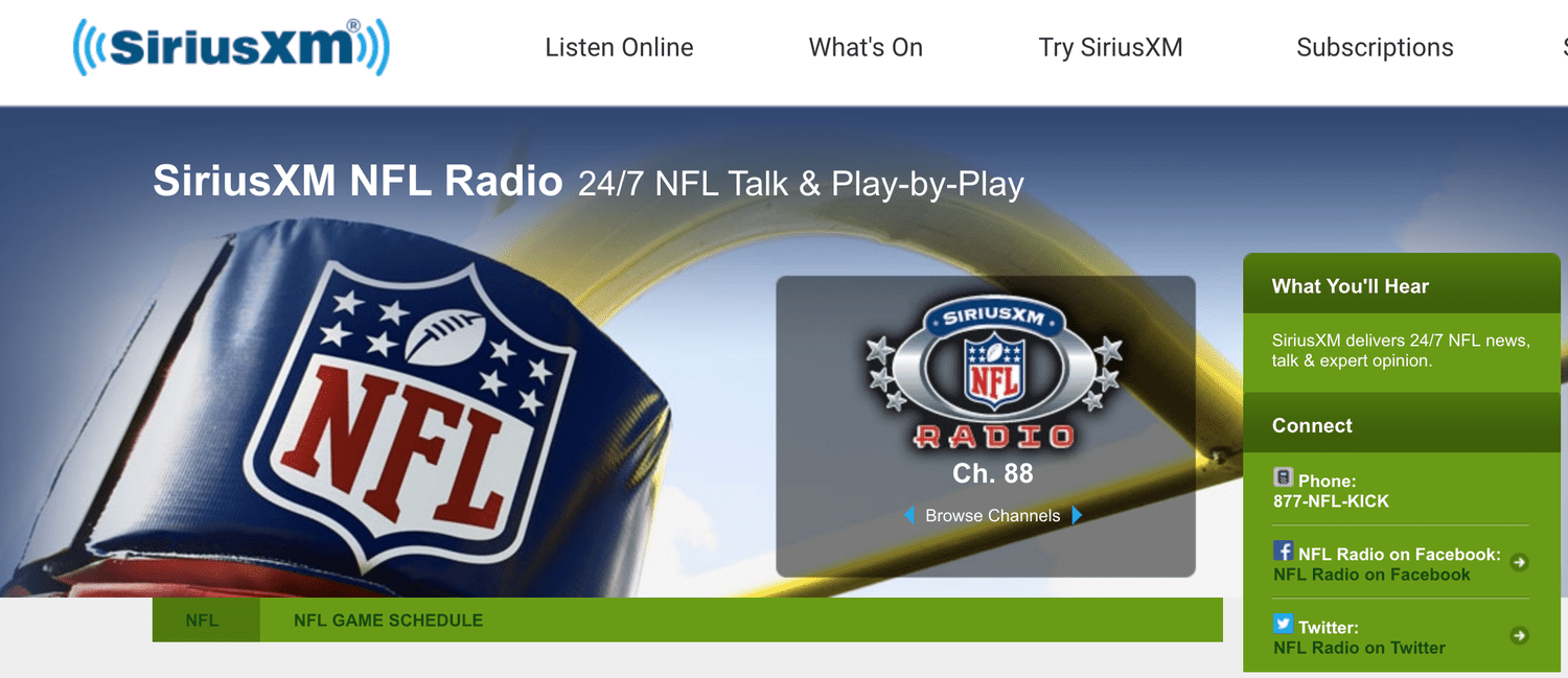 Captura de pantalla de la ràdio SiriusXM NFL, on podeu escoltar el Super Bowl