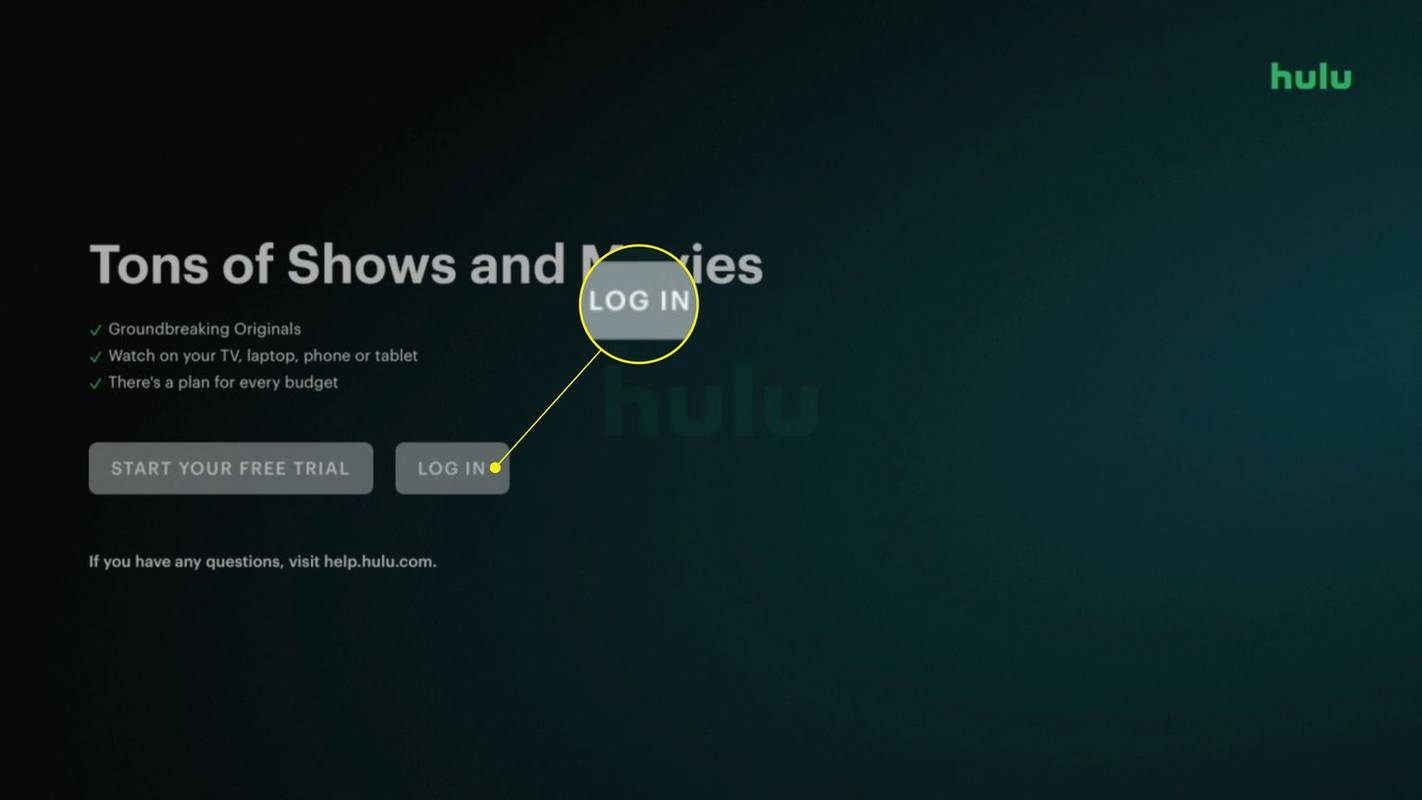 لاگ ان کے ساتھ Hulu ایپ میں لاگ ان صفحہ کو نمایاں کیا گیا ہے۔