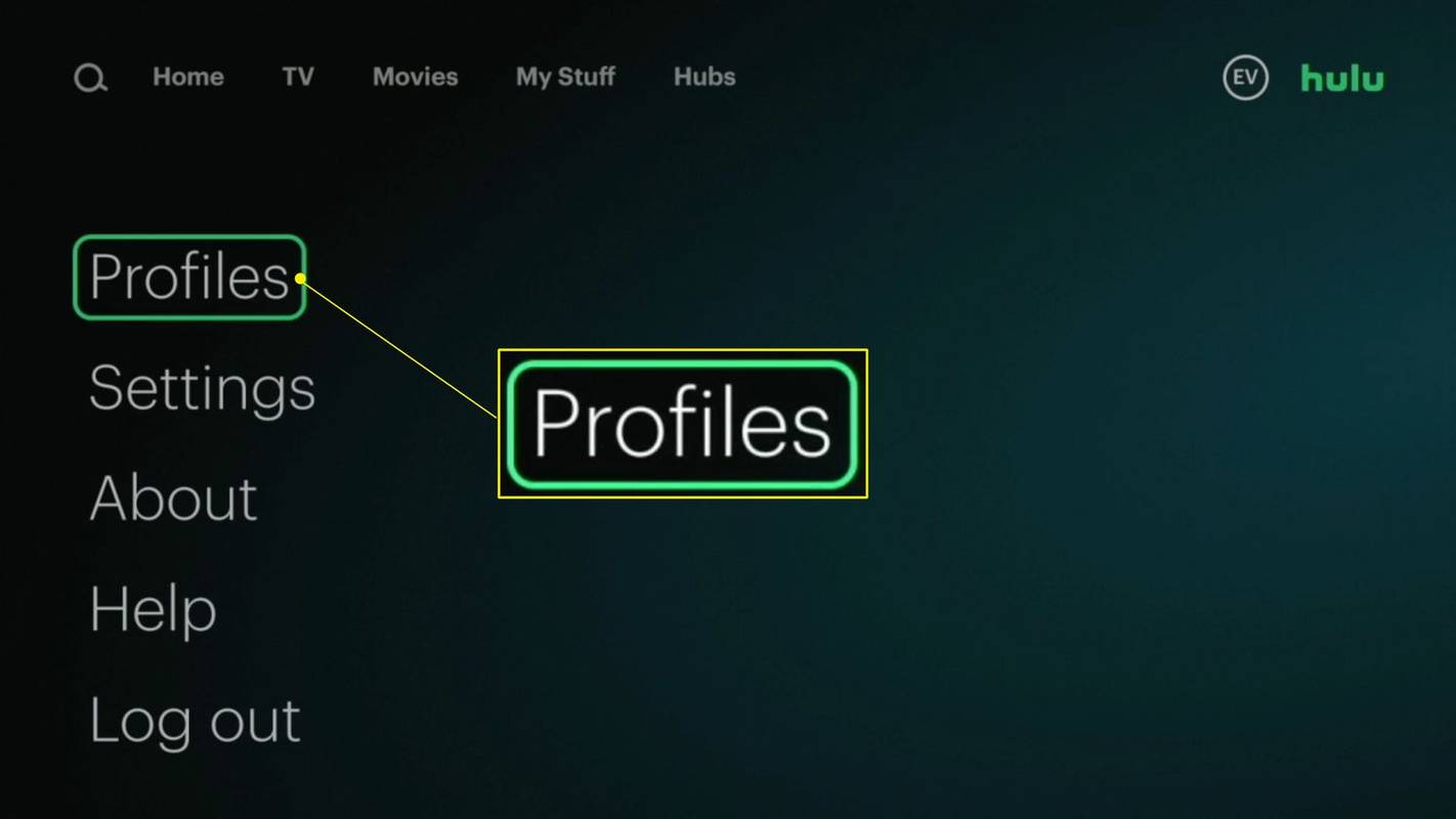 La opción Perfiles resaltada en la aplicación Hulu