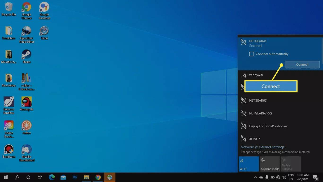 Kết nối trong menu Wi-Fi của Windows 10