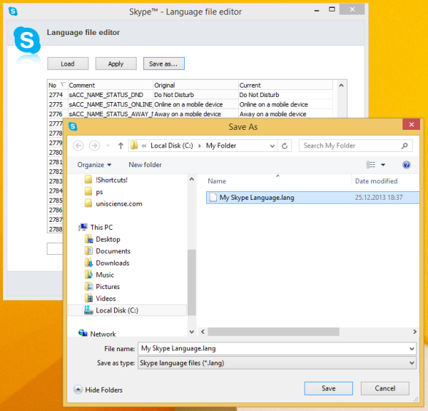 Skype Language editor súborov Načítať jazyk