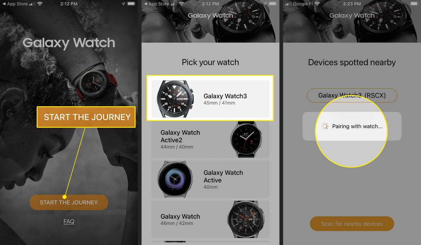 START REISEN uthevet i iPhone Galaxy Watch-appen, Galaxy Watch 3 uthevet i klokkevalg, og A Galaxy Watch-paring til en iPhone.