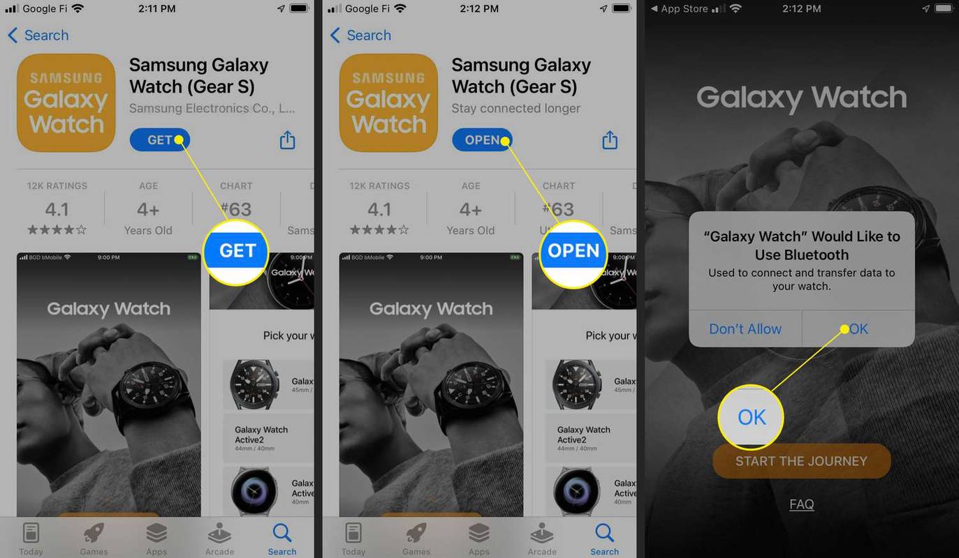 В магазине приложений Samsung Galaxy Watch выделены кнопки «Получить» и «ОТКРЫТЬ», а в приложении Watch — «ОК».