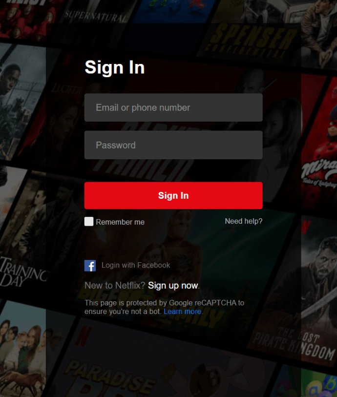 Pahina ng pag-sign in sa Netflix