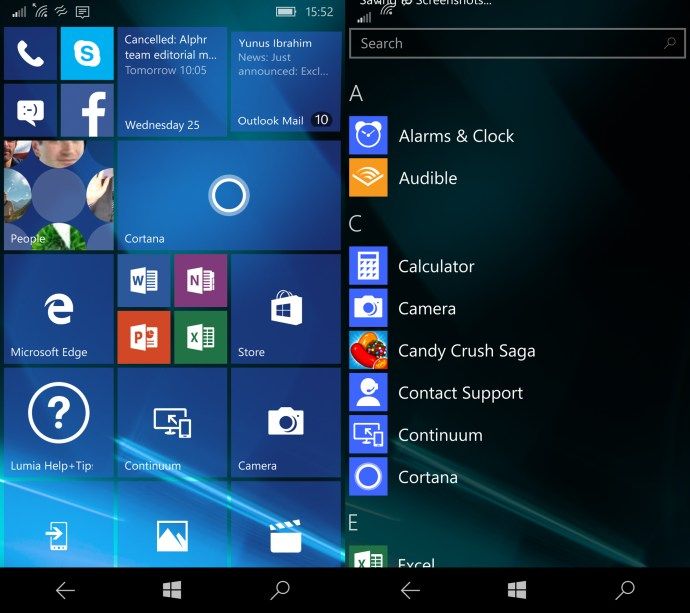 Windows 10 Mobile 검토 : 홈 화면 및 모든 앱 메뉴