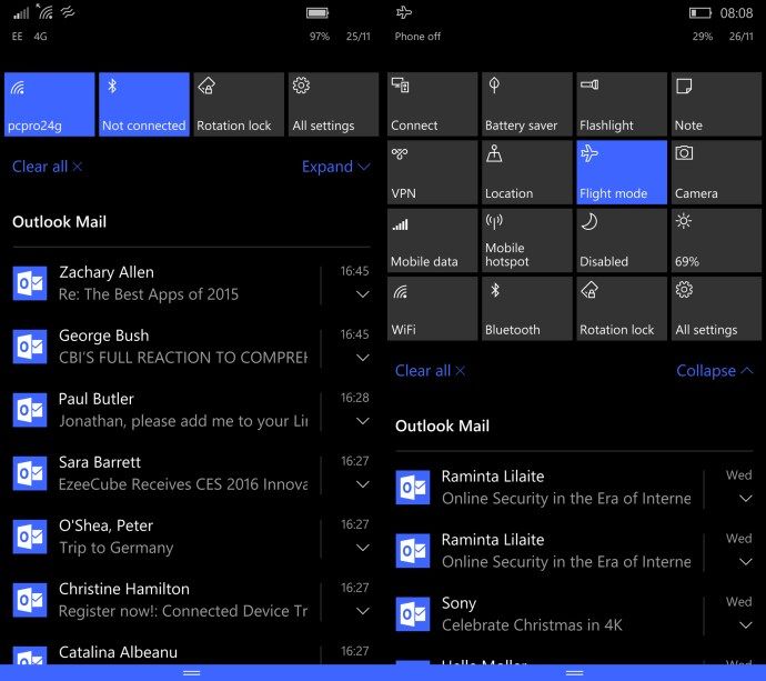 Examen de Windows 10 Mobile: menu Notifications