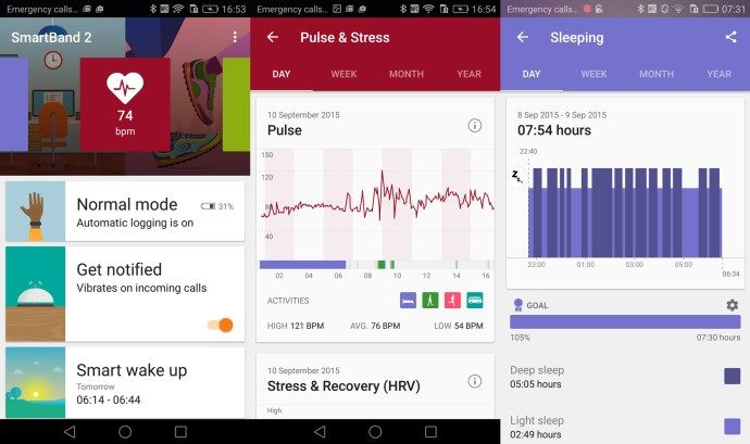 Suriin ng Sony SmartBand 2: Android app (kaliwa) at Sony LIfelog app (kanan)