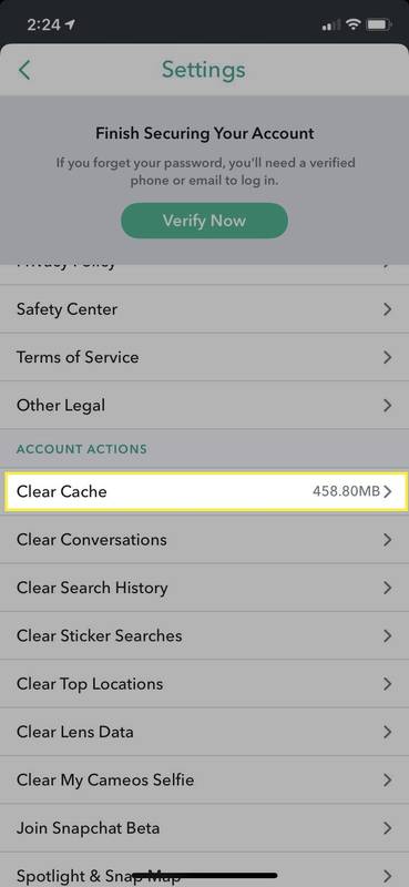 Pengaturan cache di Snapchat.