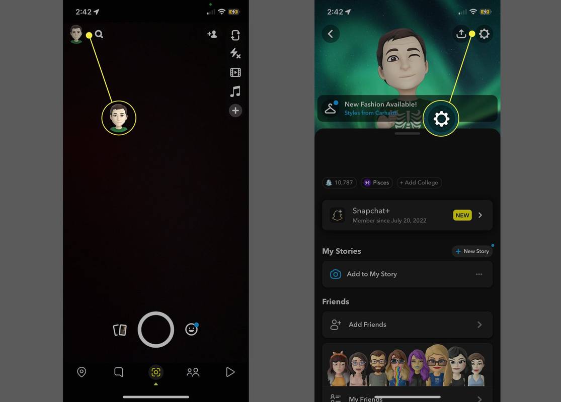 Ikona profilu a ozubené kolo Nastavení ve Snapchatu