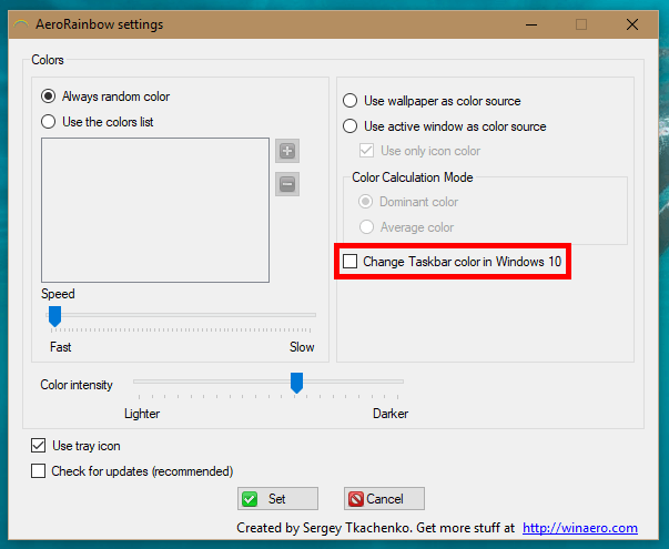 AeroRainbow Zmień kolor paska zadań systemu Windows 10