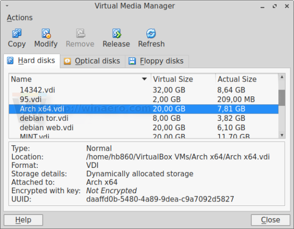 Aktuální velikost disku Virtualbox