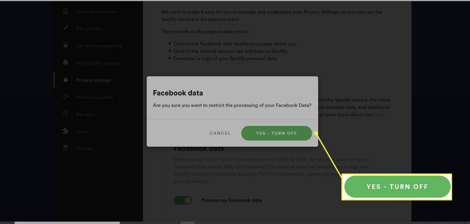 Прекъсване на връзката между Spotify и Facebook.