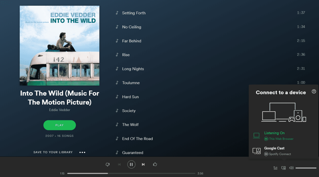 Tangkapan skrin menghantar muzik daripada Apl Web Spotify