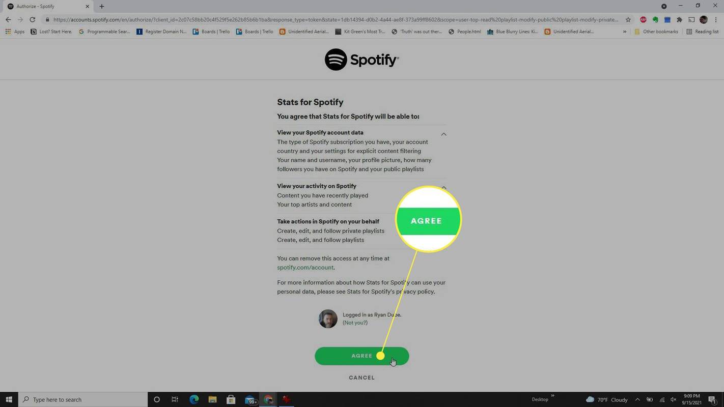 Số liệu thống kê về trang quyền của Spotify với sự đồng ý được tô sáng