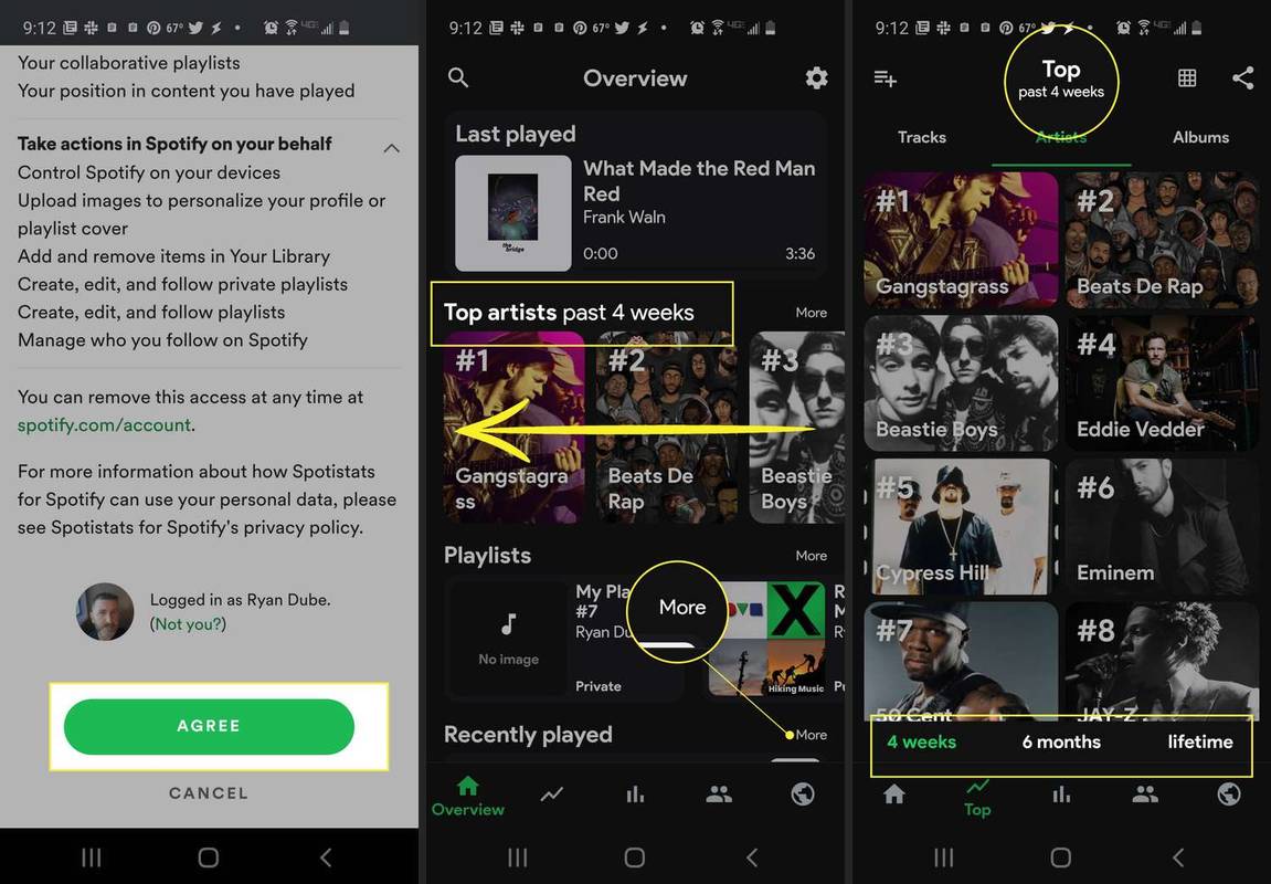 Estadísticas de Android para la aplicación Spotify con Agree y Top Artists resaltados en las últimas 4 semanas