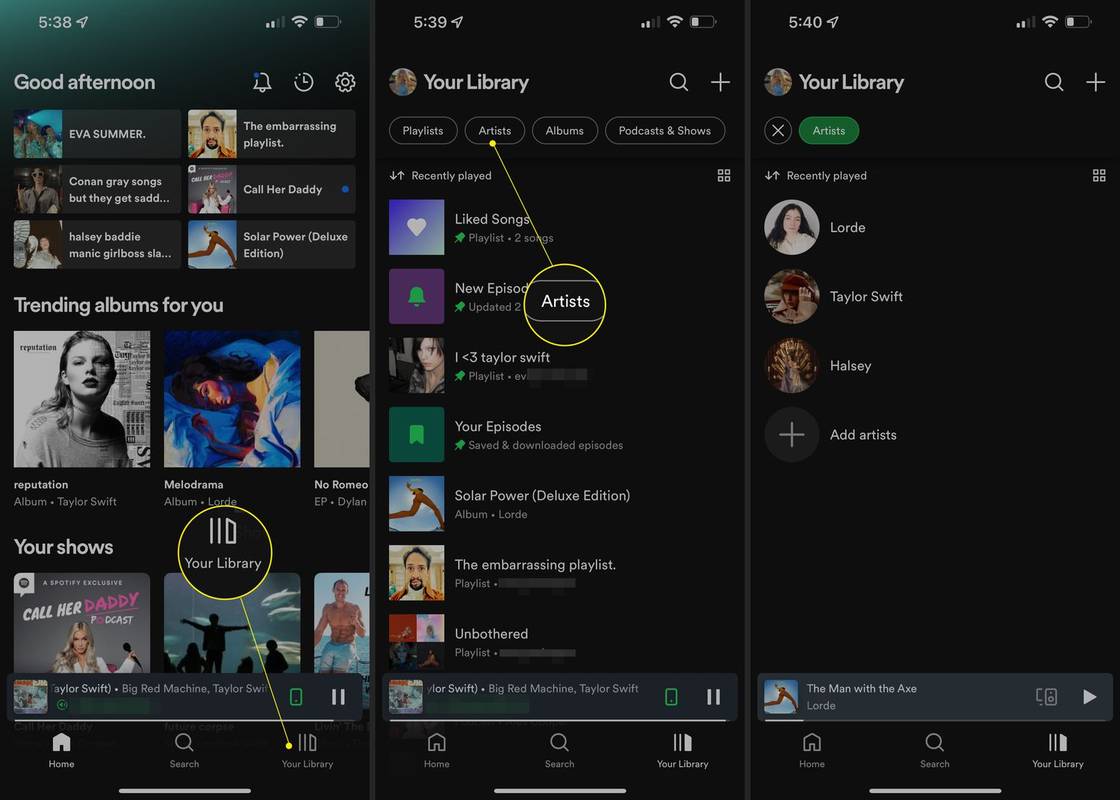 라이브러리 및 아티스트가 강조 표시된 Spotify 앱