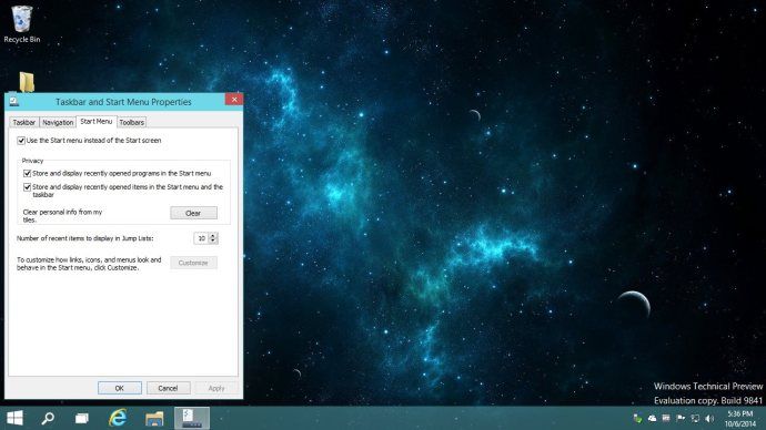 מסך התחל של Windows 10