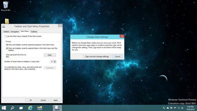 Windows 10 Mostrar pantalla de inicio Confirmar