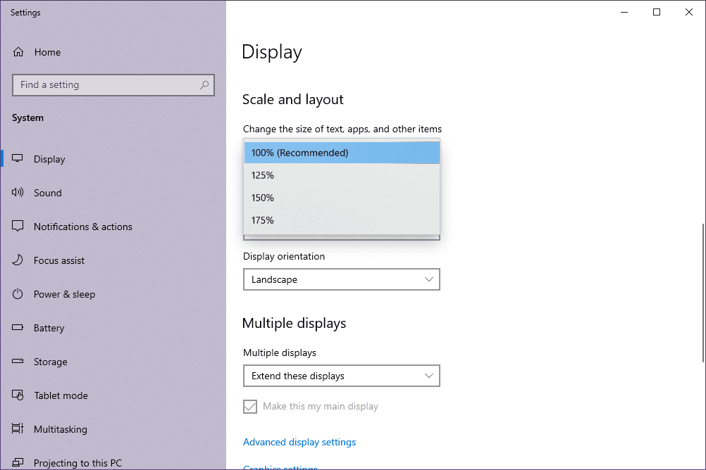 Windows 10 Setări de scară și aspect