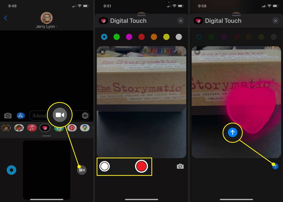Snímky obrazovky pridávania digitálnych dotykových efektov na fotografie a videá v iMessage.