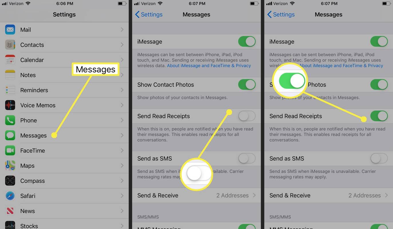 Zapnutie a vypnutie potvrdení o prečítaní v aplikácii Apple Messages.