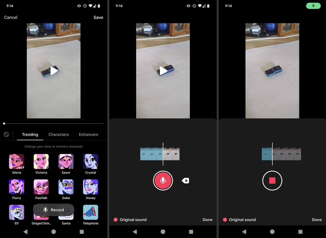 Przycisk Nagraj, czerwony przycisk nagrywania i Gotowe podświetlone w aplikacji TikTok