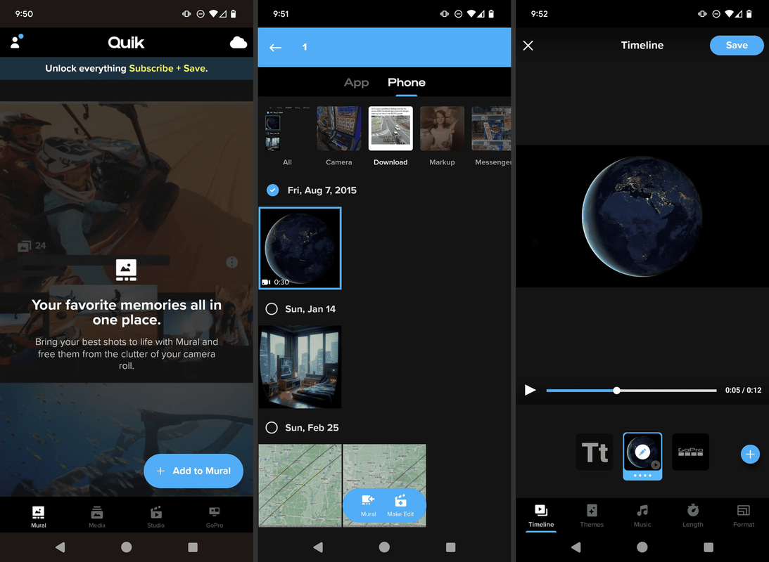 Fila Media, pătratul video, butonul Editare film și fila Muzică selectate în aplicația Quik