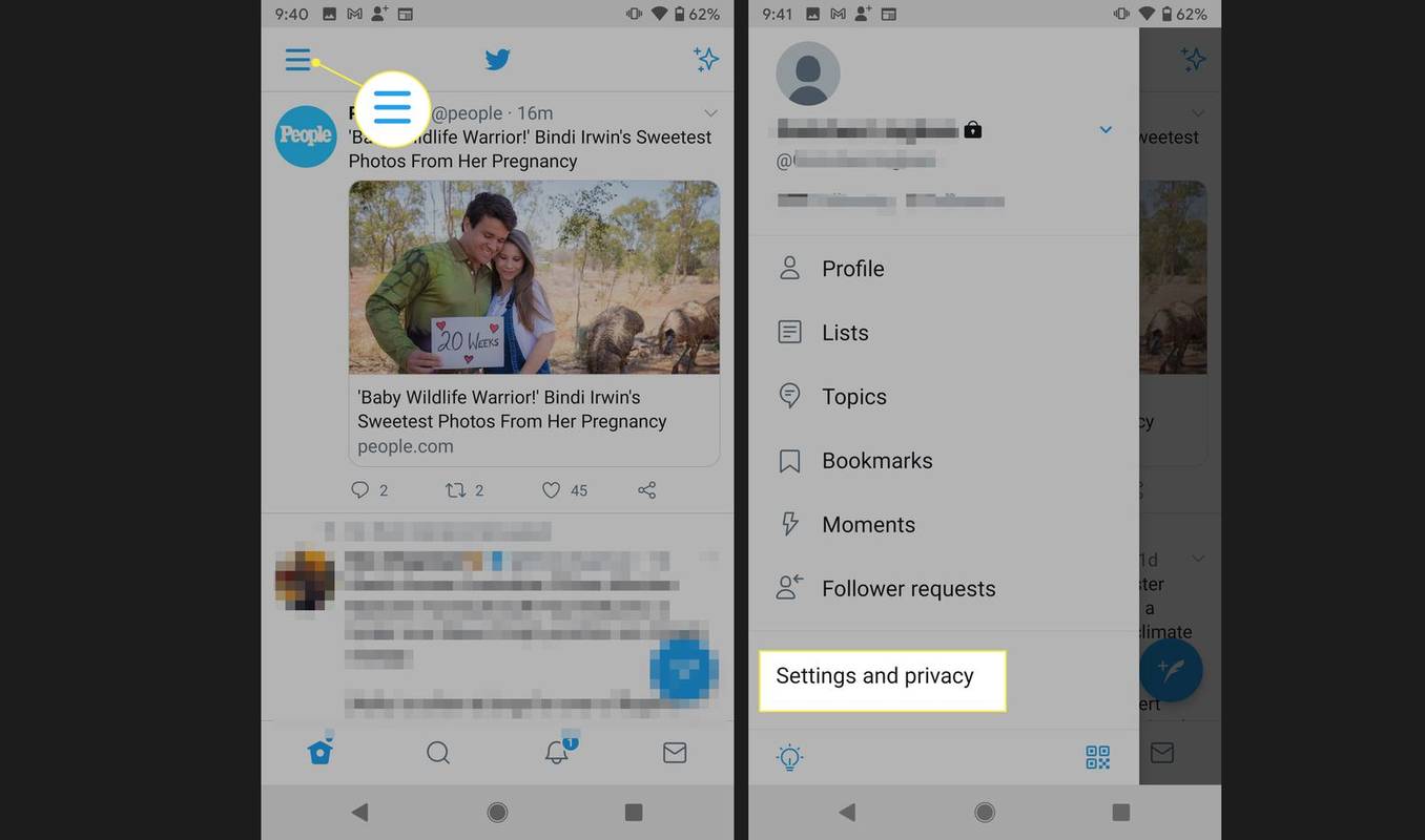 계정, 설정, 개인정보가 강조 표시된 Twitter Android 앱