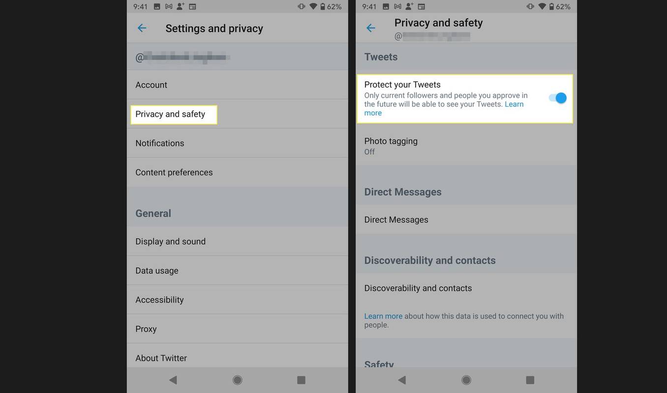 Приложение Twitter за Android с подчертани Поверителност и безопасност и Защитете вашите туитове