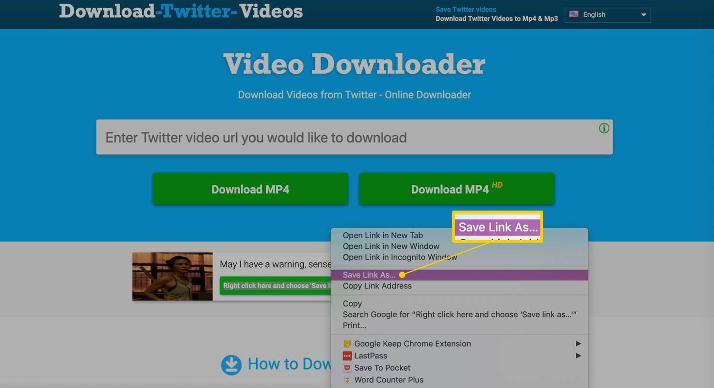 Tallenna linkki nimellä -valikkokohta Video Downloader -sivulla