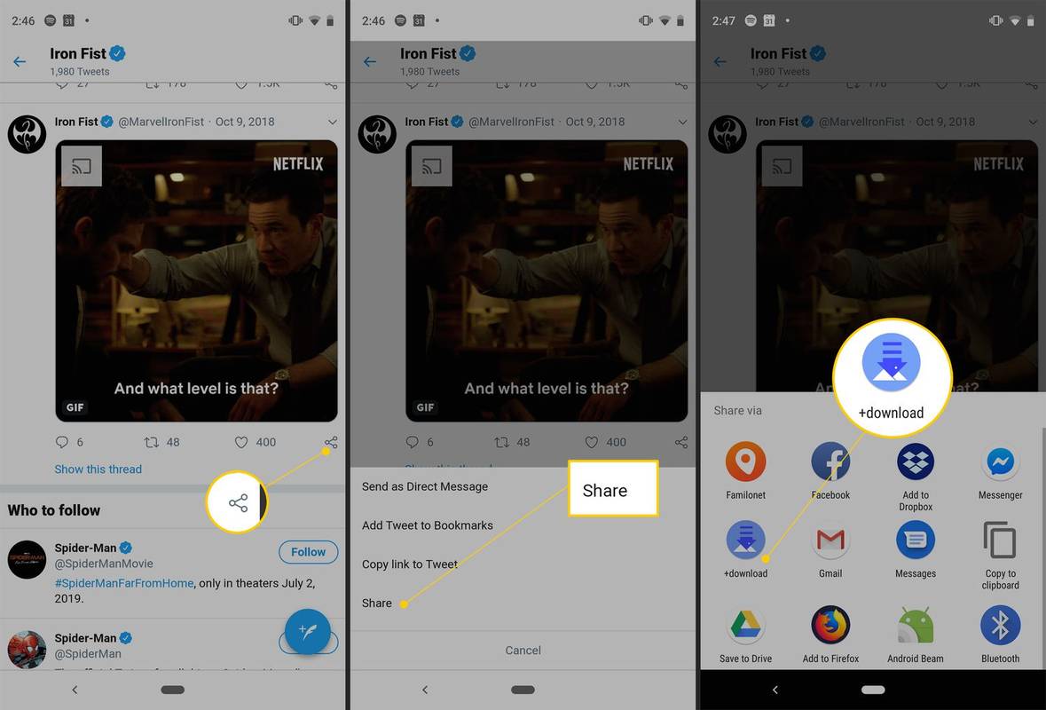 Ikon Bagikan, Bagikan tautan, dan + tombol unduh di Android