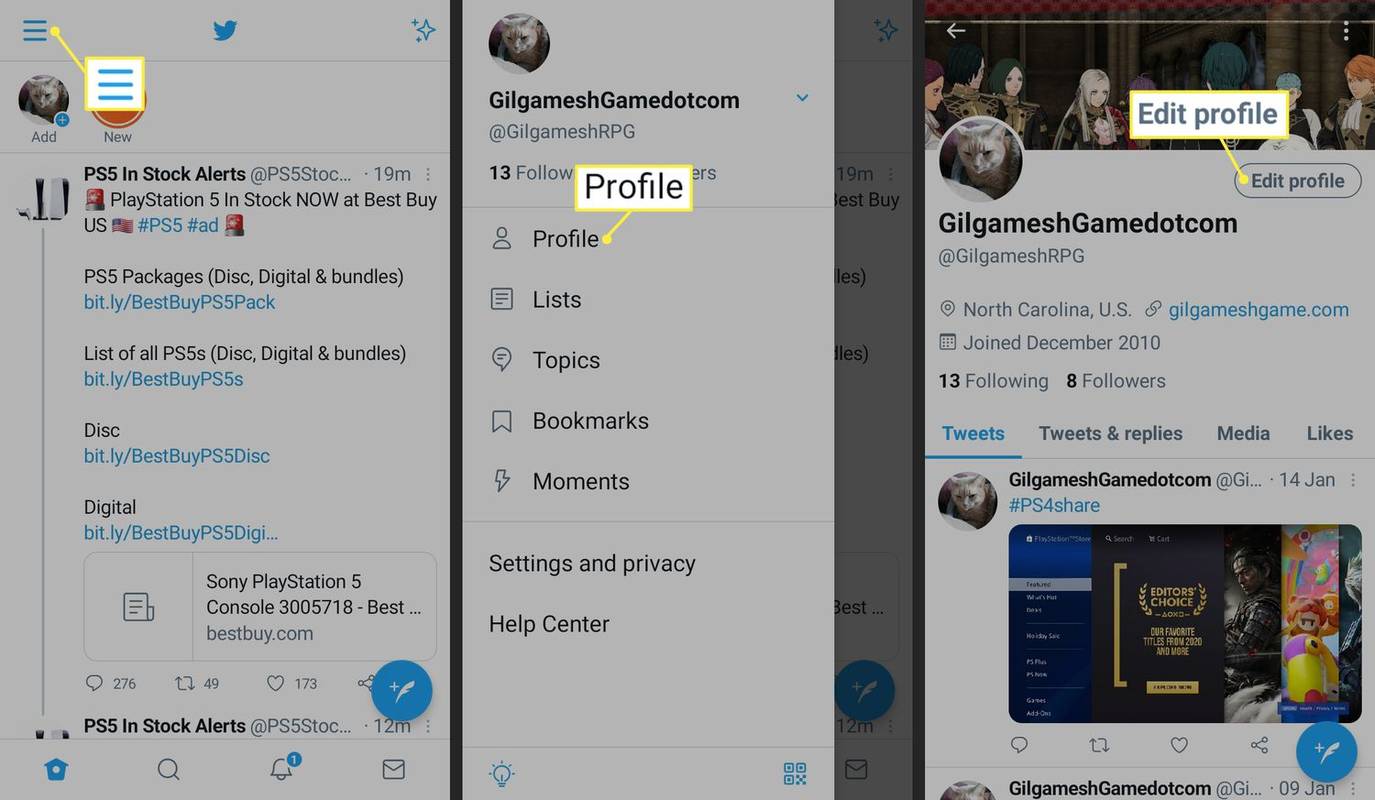 Ícone de menu, perfil e editar perfil no aplicativo Twitter