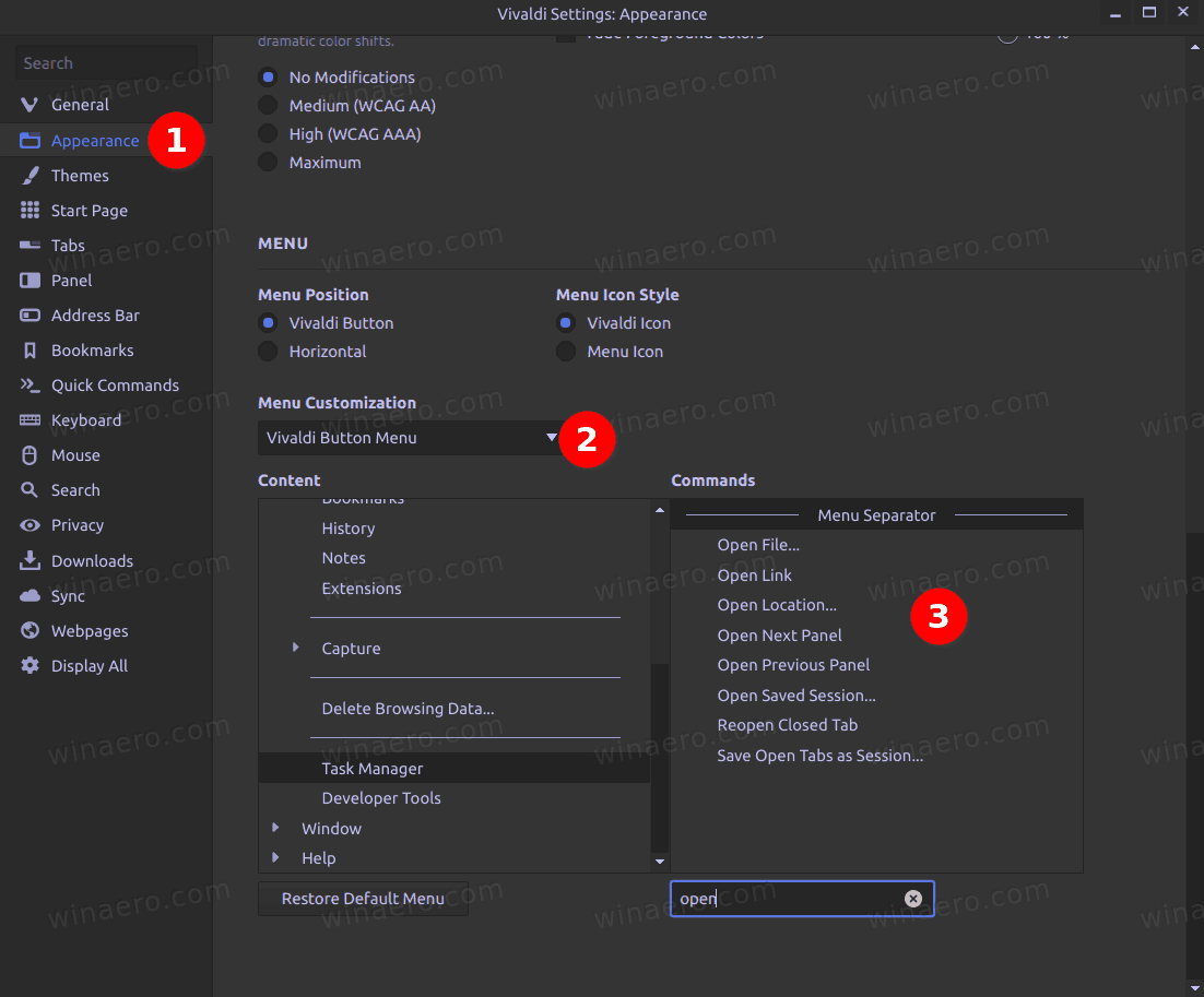 Vivaldi Adicionar entradas de menu personalizadas