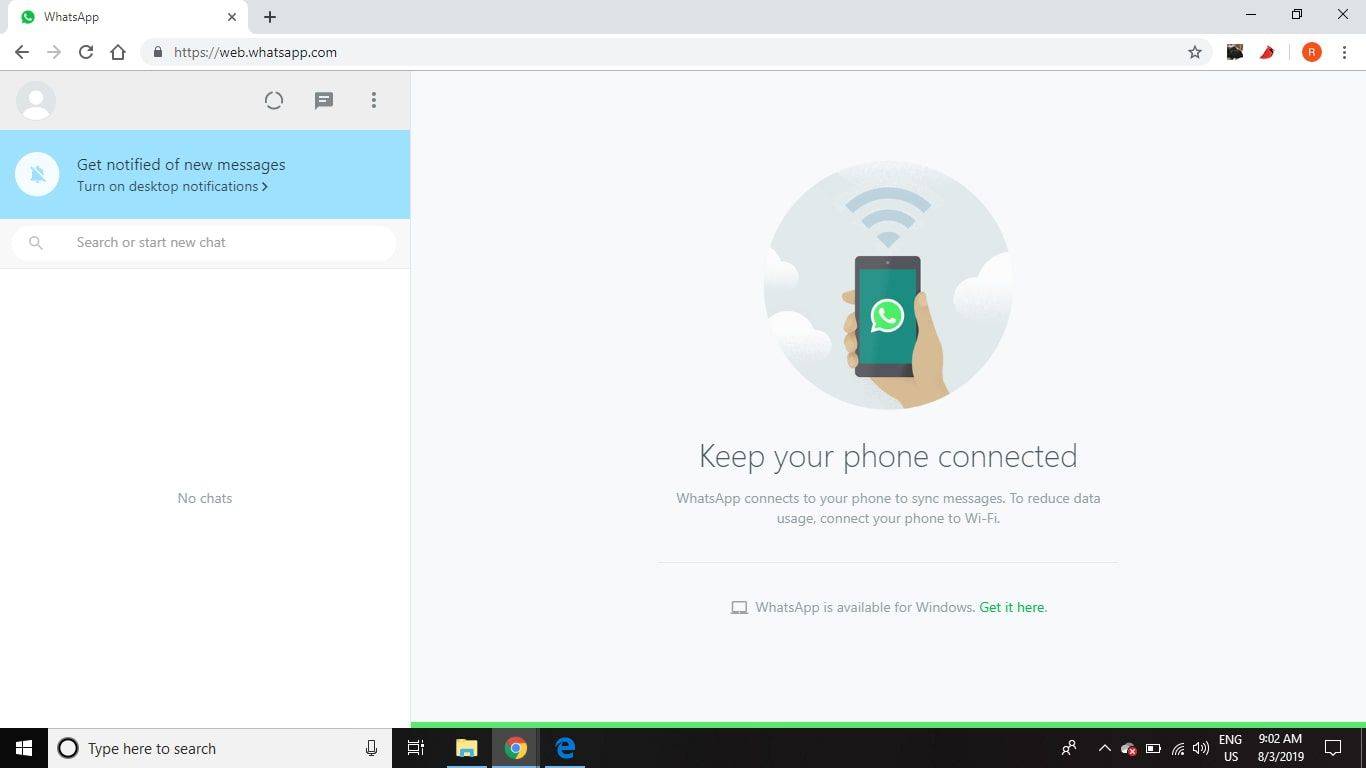 Windows의 Chrome에서 실행되는 WhatsApp 웹 클라이언트