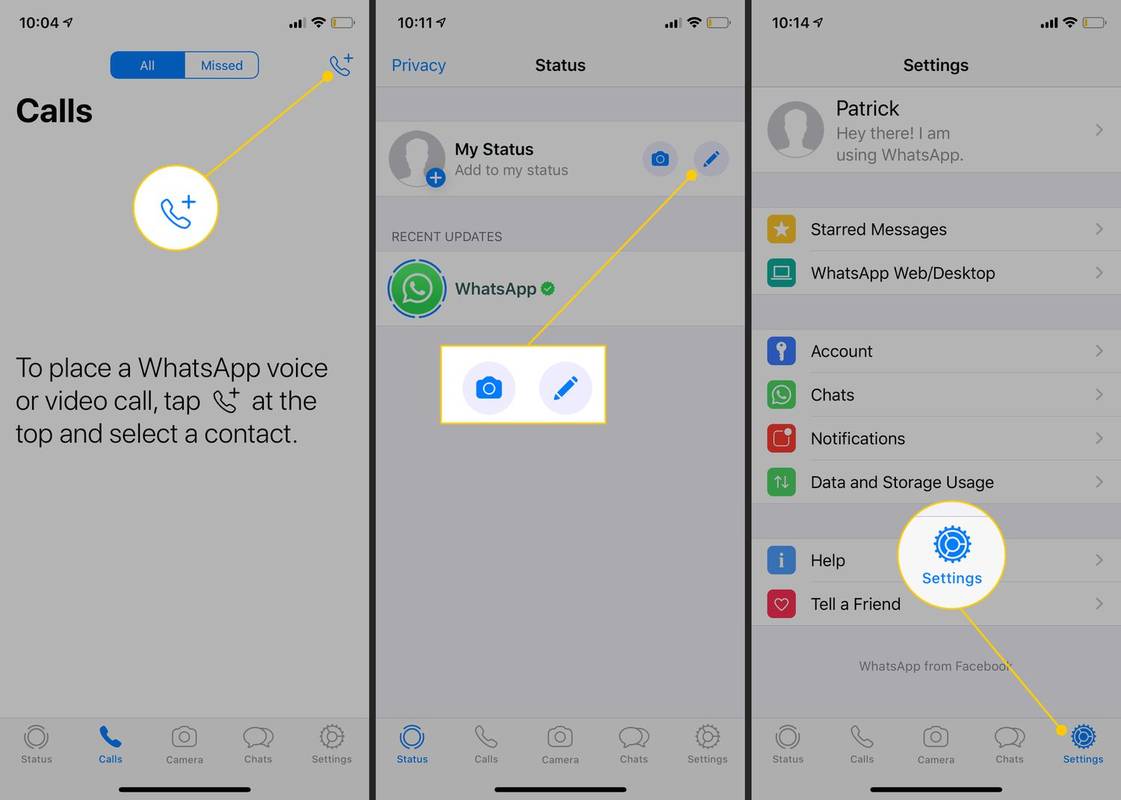 ปุ่มโทร ตัวเลือกสถานะ ไอคอนการตั้งค่าใน WhatsApp บน iOS