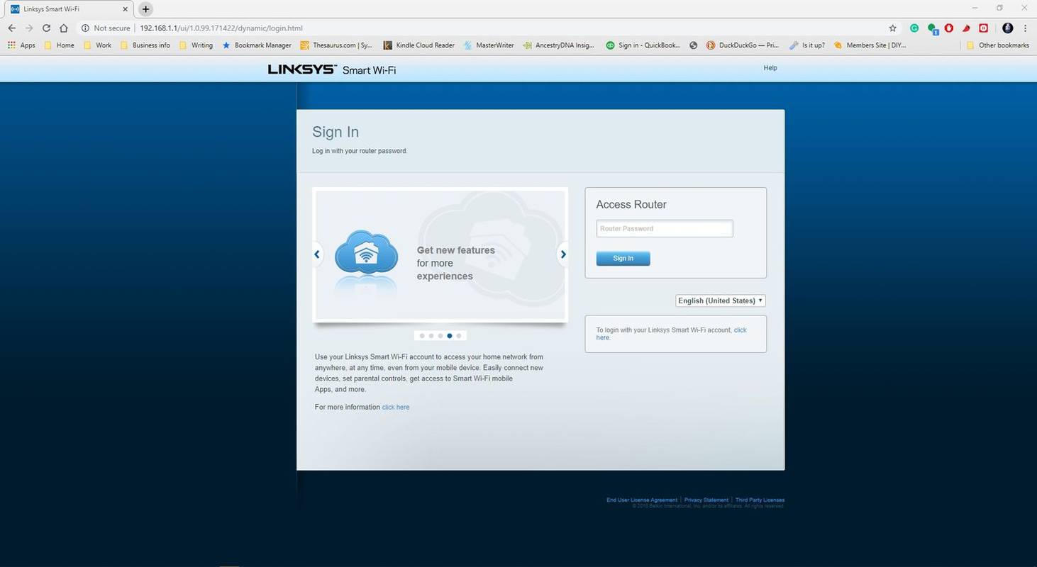Une page Web de connexion Linksys pour le routeur.