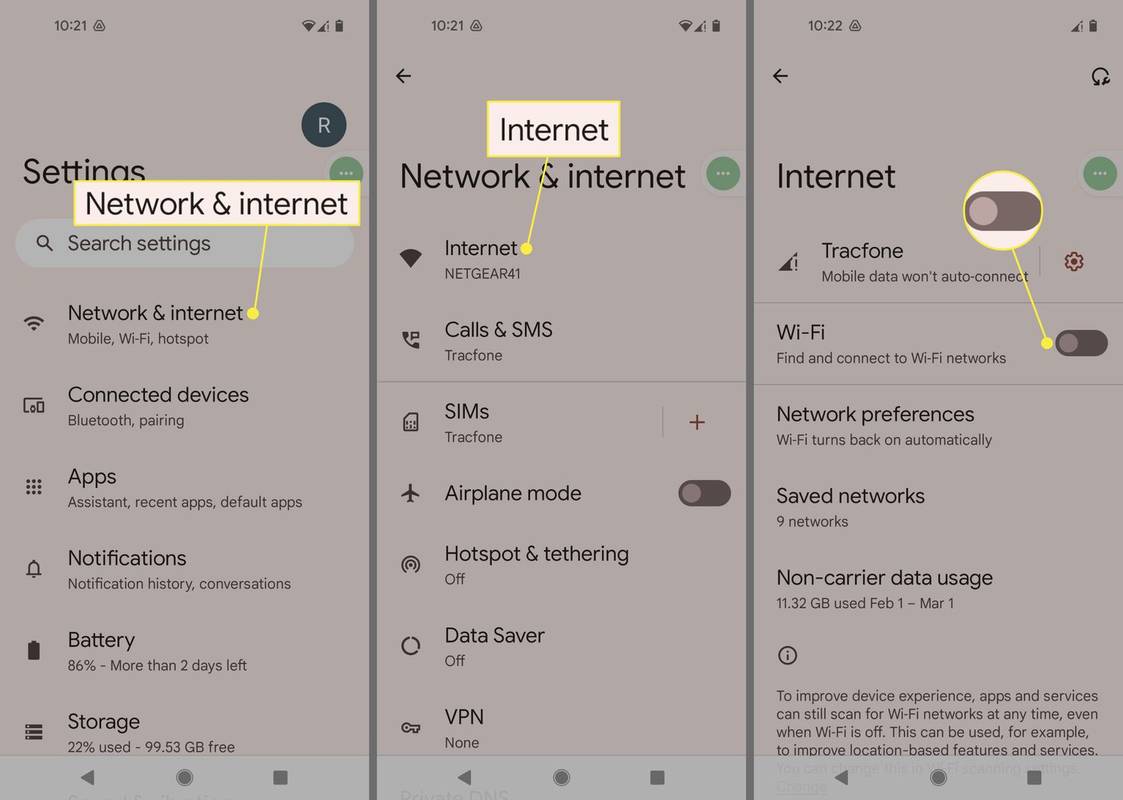 Réseau et Internet, Internet et commutateur Wi-Fi dans les paramètres Android