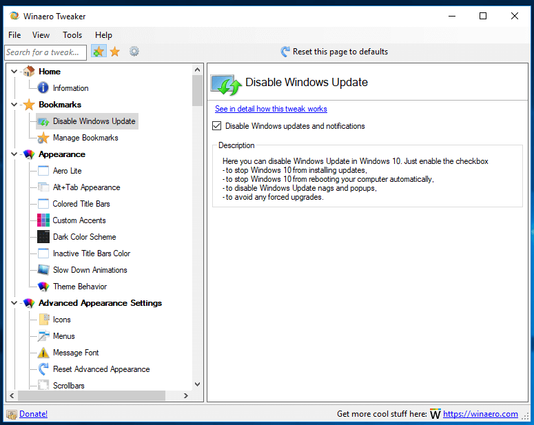 Winaero Tweaker 0,10 Zakázať službu Windows Update