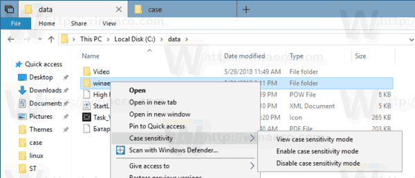 Kontextová ponuka citlivosti na veľké a malé písmená Windows 10
