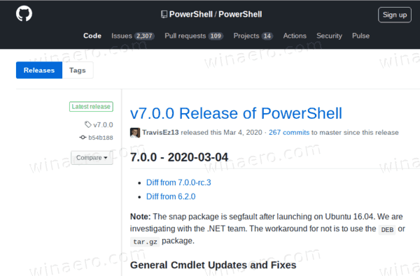 Page de version PowerShell sur GitHub
