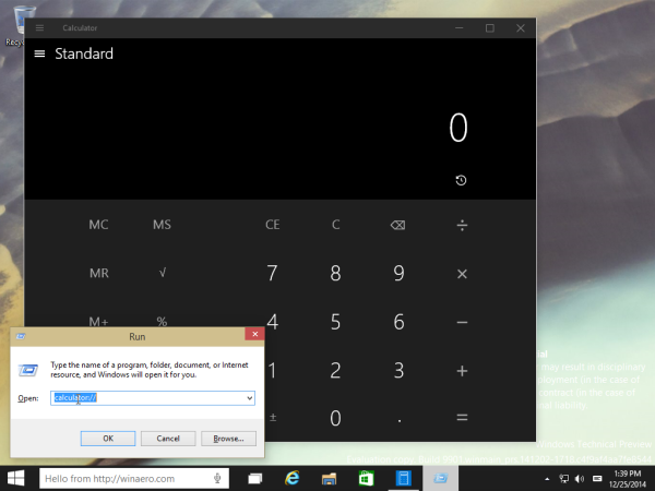 „Windows 10“ skaičiuoklės vykdymo laukelis