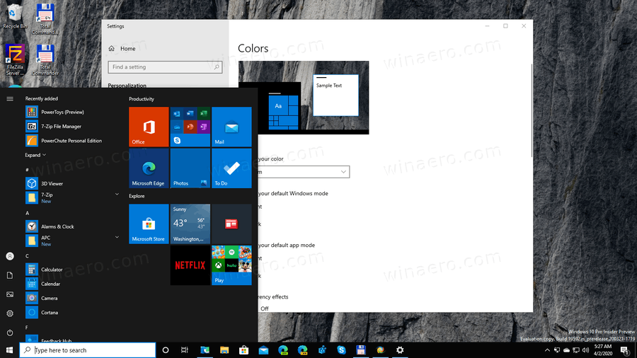 Ефектите на прозрачност на Windows 10 са деактивирани