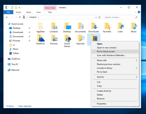 Windows 10 kiinnittää kansion nopeaan käyttöön