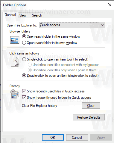 Opcje folderów Karta Ogólne