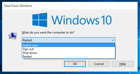 Okno dialogowe wyłączania systemu Windows 10 przełącza użytkownika