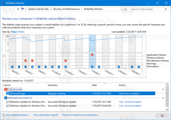 Windows 10 Kasaysayan ng pagiging maaasahan Tingnan ang Mga Detalye